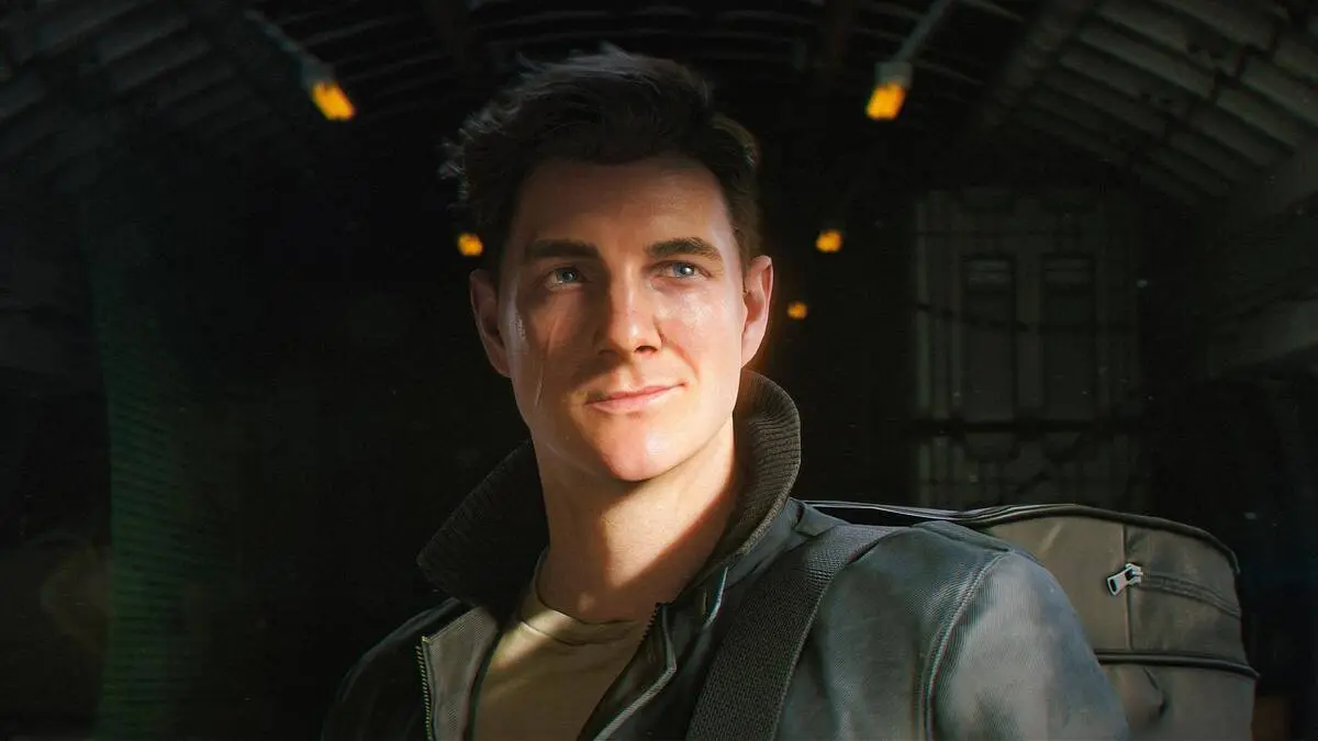 Young man in futuristic corridor with backpack