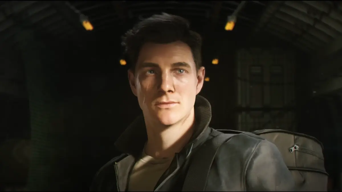 Animated character in dark background, serious expression.