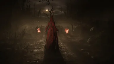 Woman in red cloak in dark forest