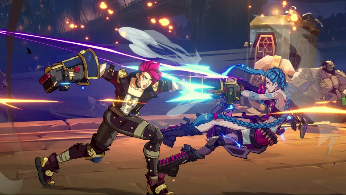 Two stylized fighters clash with glowing weapons