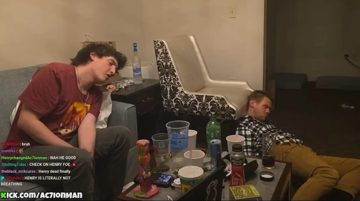 Two men passed out in messy living room