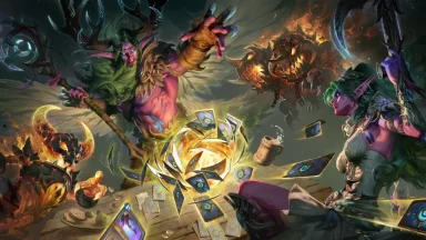 Fantasy creatures playing card game with magic effects.