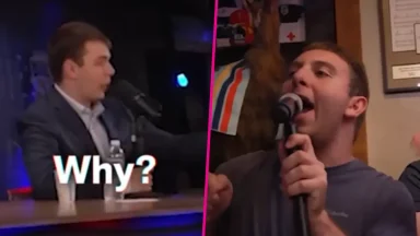 Two men arguing with microphones