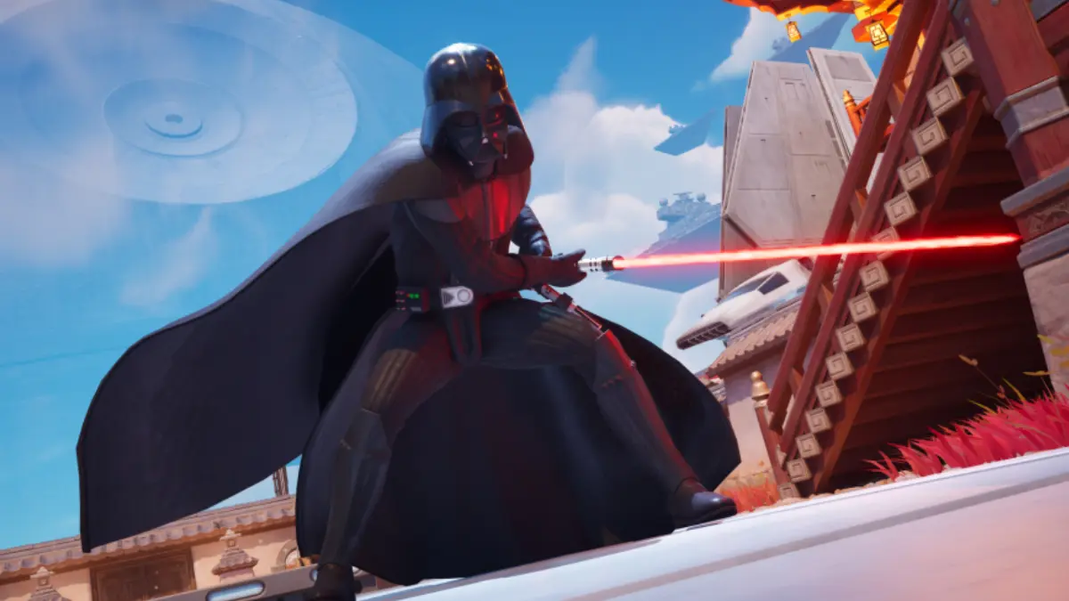 Character in black armor with red lightsaber.