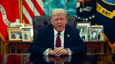 Person speaking at desk with flags behind.