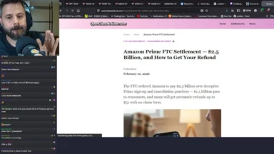 Streamer discussing Amazon Prime FTC settlement article