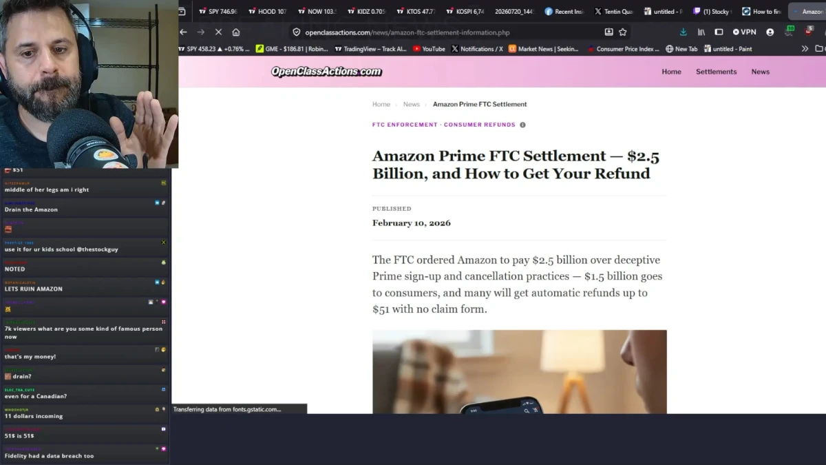 Streamer discussing Amazon Prime FTC settlement article