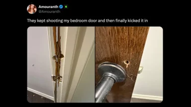 Damaged bedroom door with broken lock area.