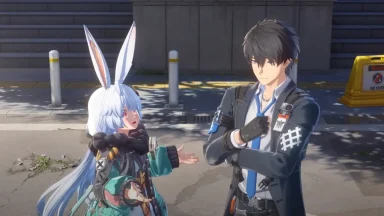 Anime characters talking on a city street