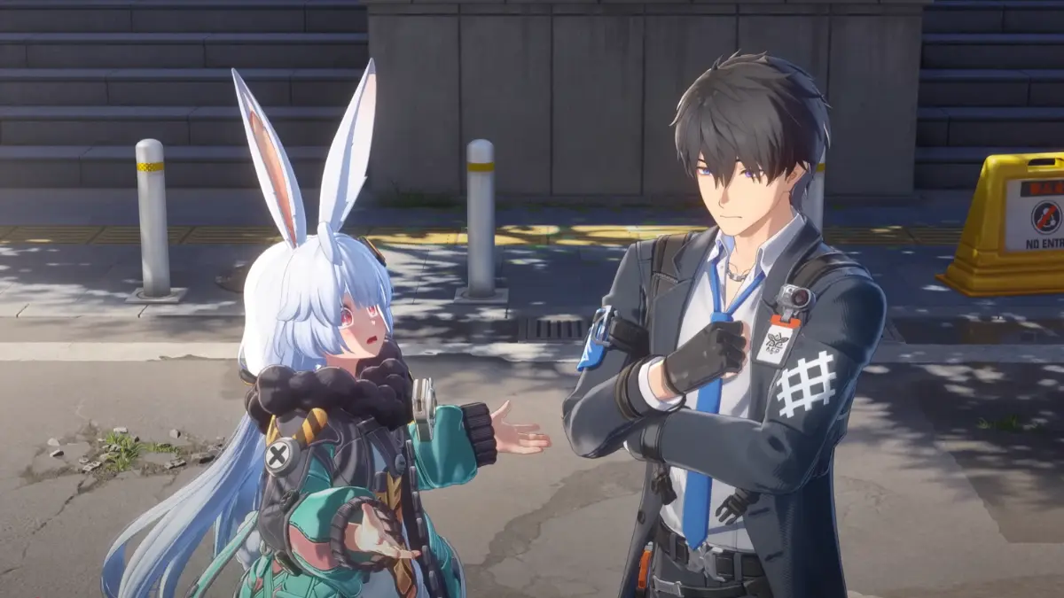 Anime characters talking on a city street