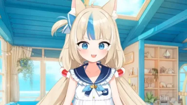 Anime girl with cat ears in a blue room.