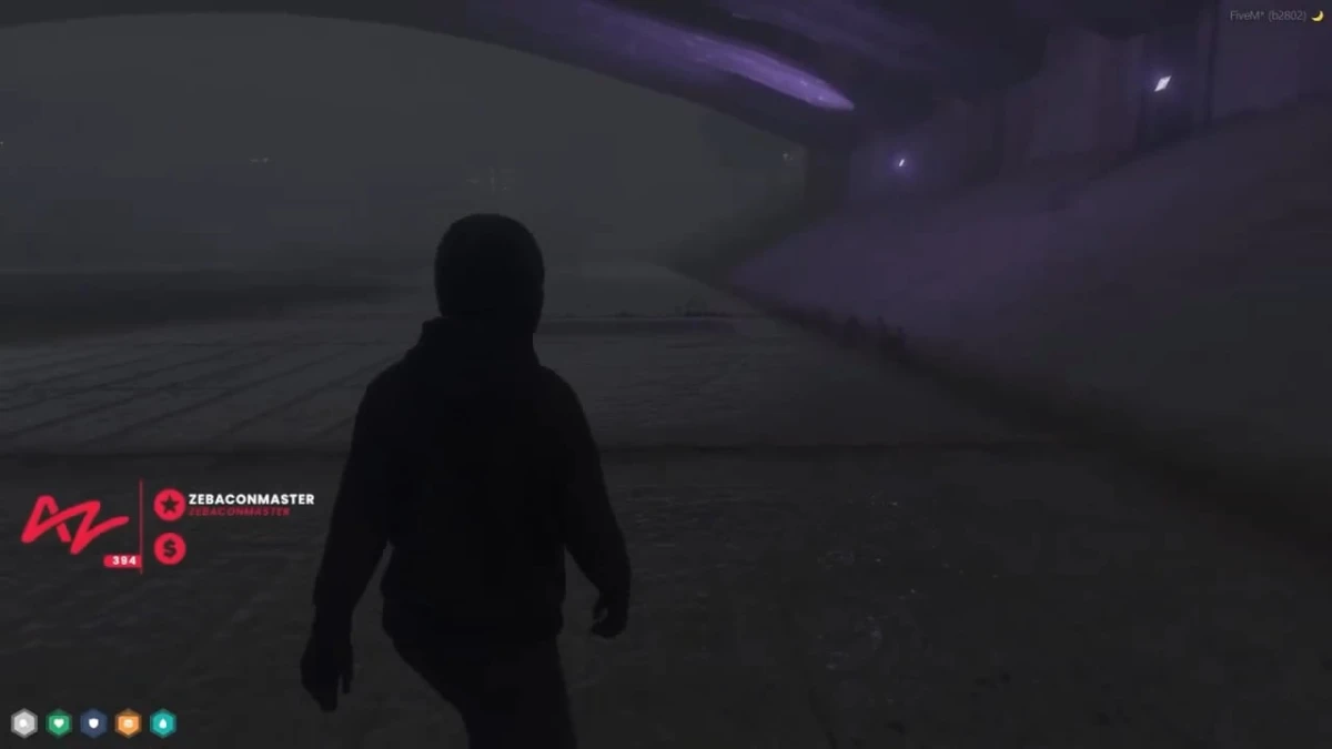 Silhouetted character walking through foggy purple-lit tunnel