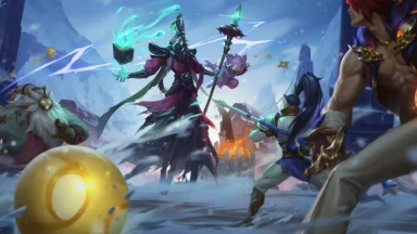 Fantasy characters battle in a snowy landscape
