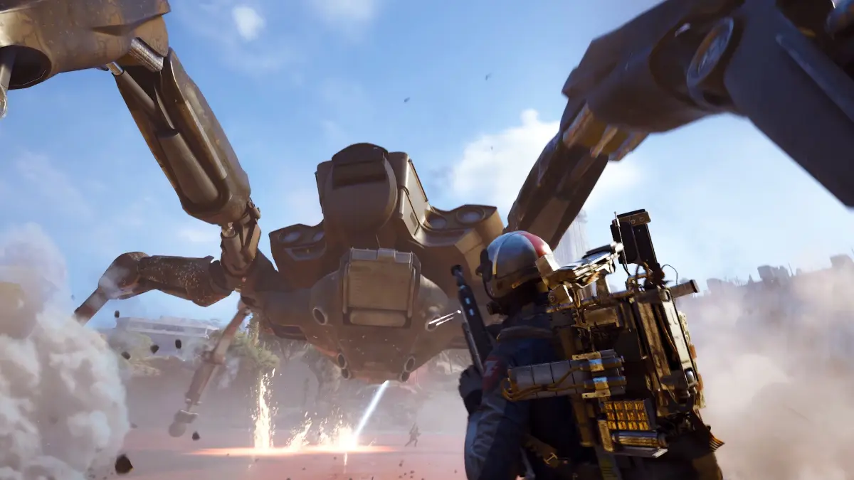 Soldier battles massive spider robot in sci-fi scene