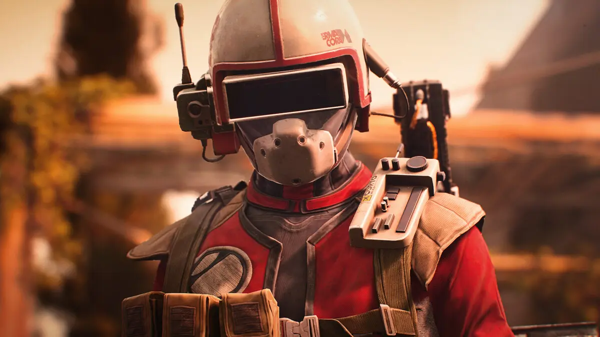 Futuristic armored soldier with visor helmet and radio gear