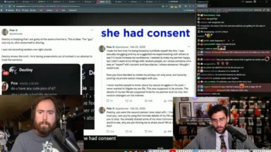 Livestream screen showing consent-related social media posts and commentators