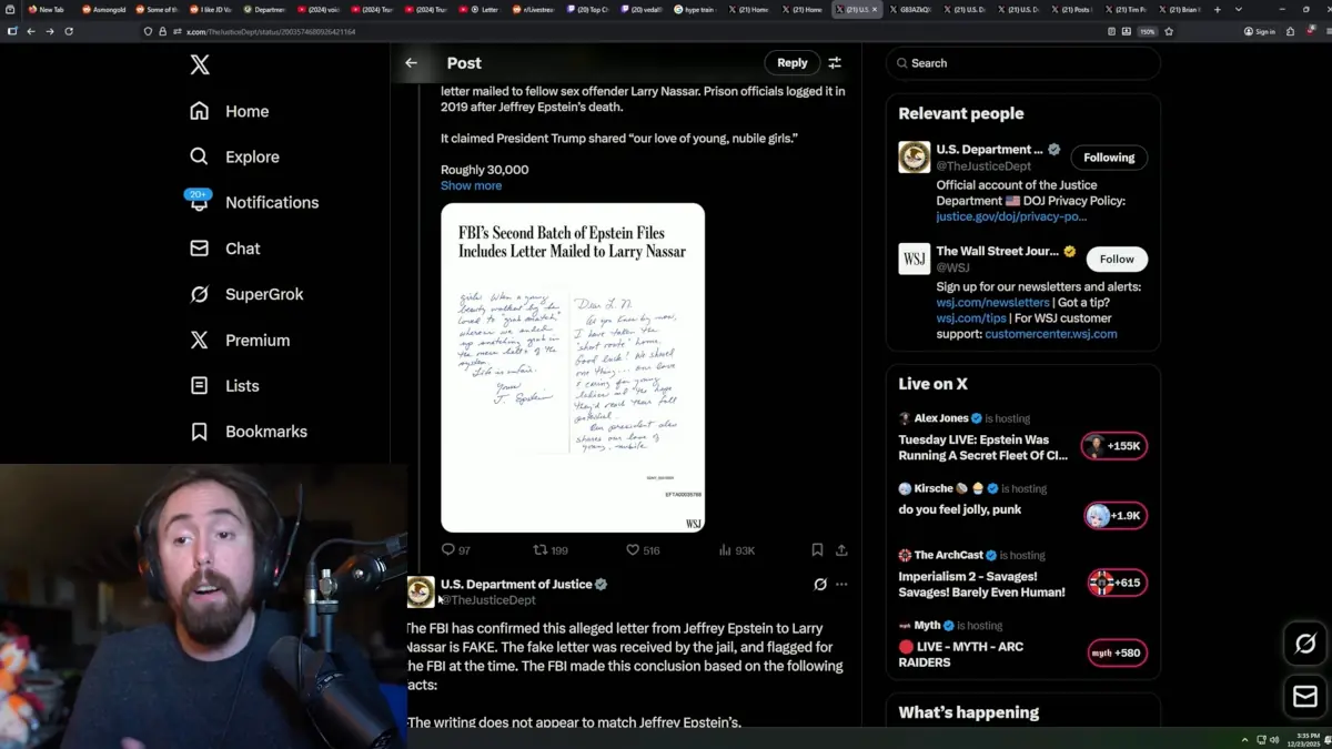 Man reacting to fake FBI Epstein letter tweet.