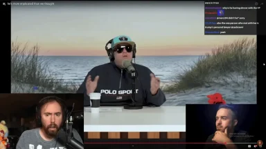 Podcast discussion with beach background and guest speakers.