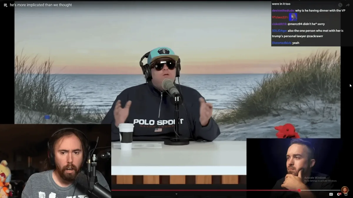 Podcast discussion with beach background and guest speakers.