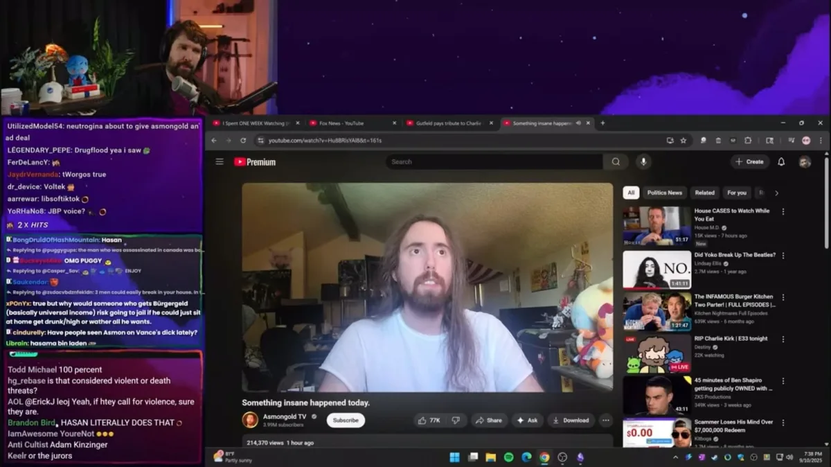 Streamer reacts to online content on dual monitors.