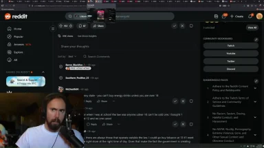 Streamer discussing Reddit comments on energy drink laws