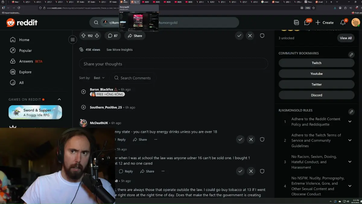 Streamer discussing Reddit comments on energy drink laws