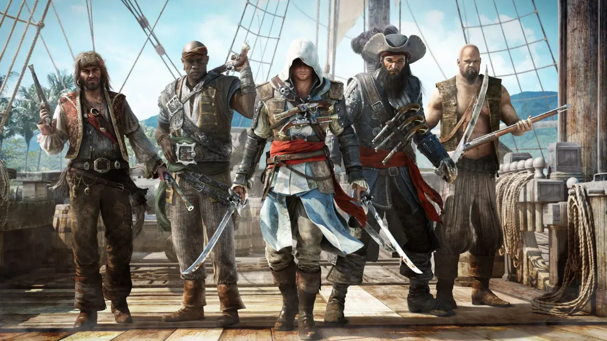 Pirates standing on a ship deck with swords