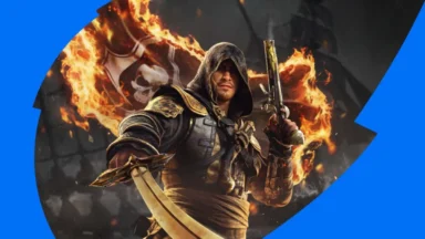 Hooded warrior with sword and pistol amid flames