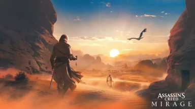 Desert landscape with warrior at sunrise, eagle soaring.