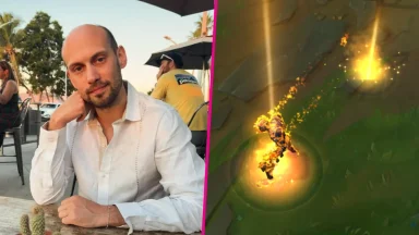 Man sitting outdoors and video game teleport scene