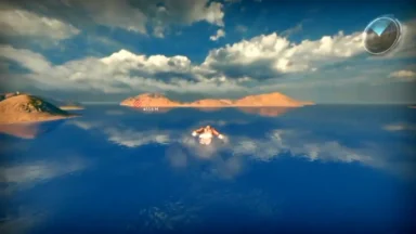 Video game character swimming toward sunlit desert islands