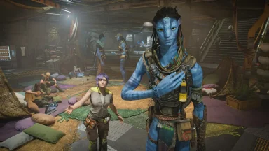 Na'vi characters inside futuristic sci-fi base