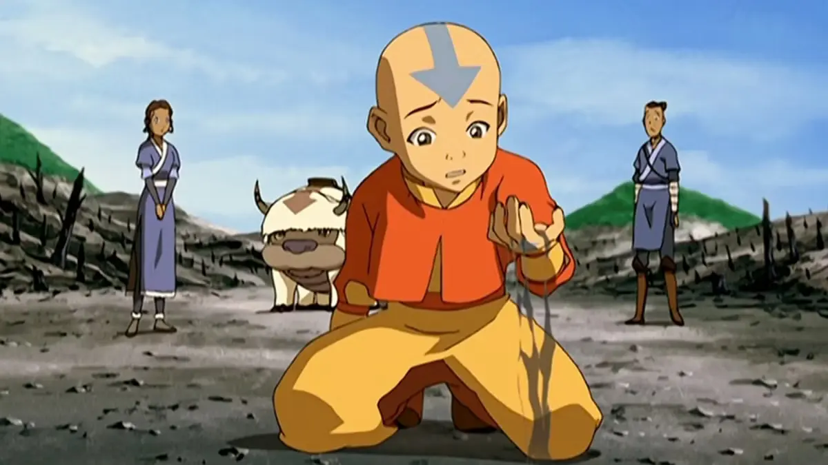 Animated boy kneeling on scorched battlefield