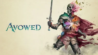 Avowed game artwork with mystical armored figure.