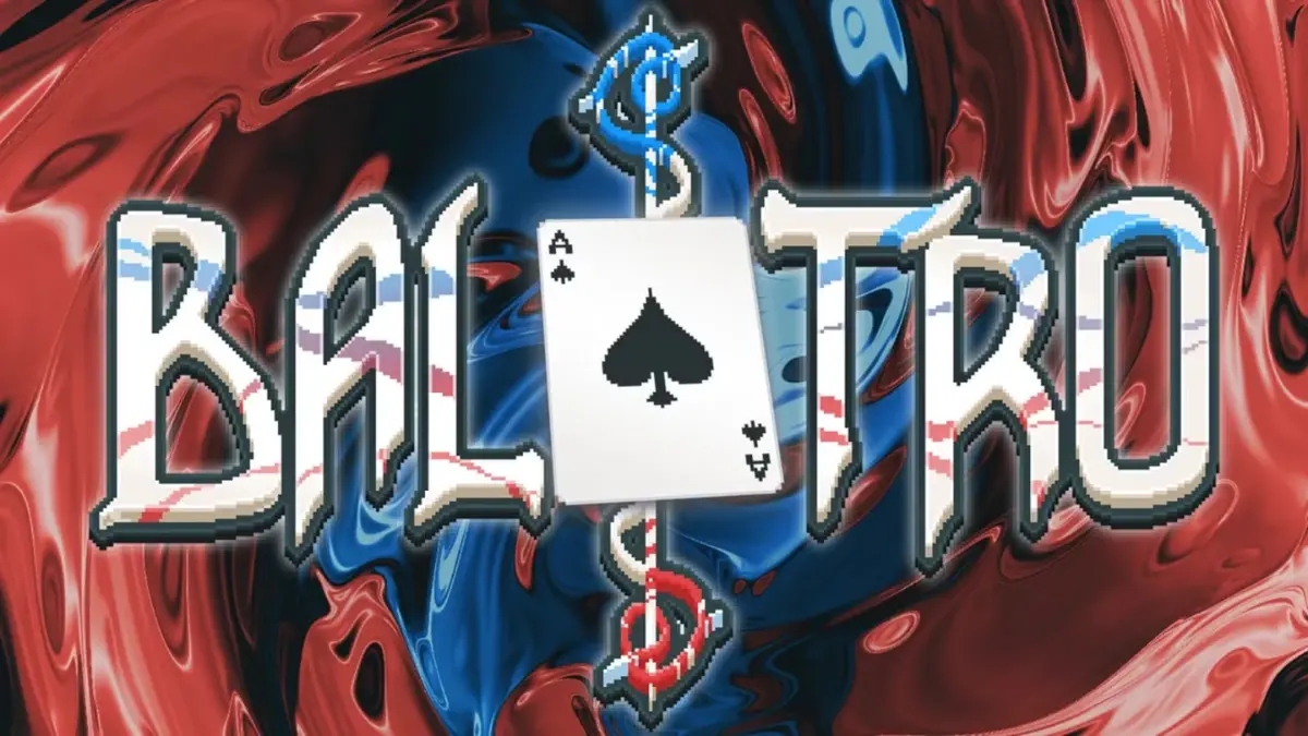 Balatro text with red-blue background and ace card.