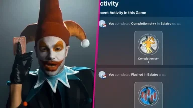 Jester holding card with game completion status.