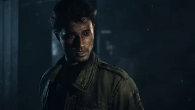 Injured man in dark, moody interior scene