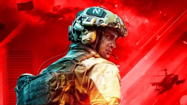 Soldier in gear with helicopter, red background