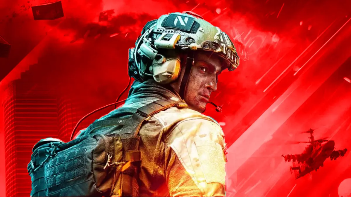 Soldier in gear with helicopter, red background