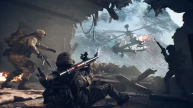 Soldiers engage helicopter in intense combat scene.