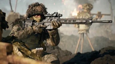 Sniper aiming rifle in battlefield combat scene