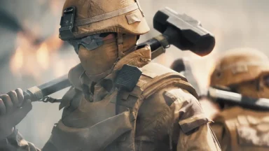 Soldier in armor with hammer, battlefield scene.