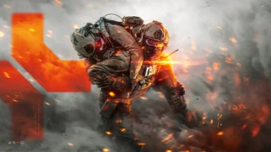 Futuristic soldier carrying teammate through battlefield fire