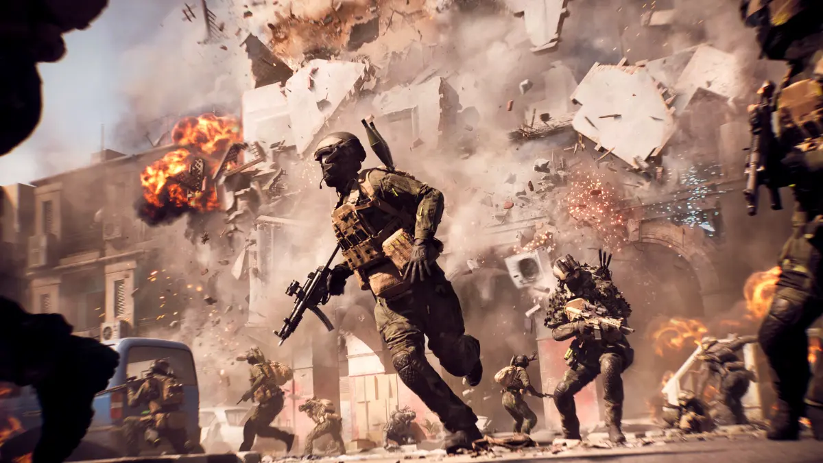Soldiers running amid urban battlefield explosion scene