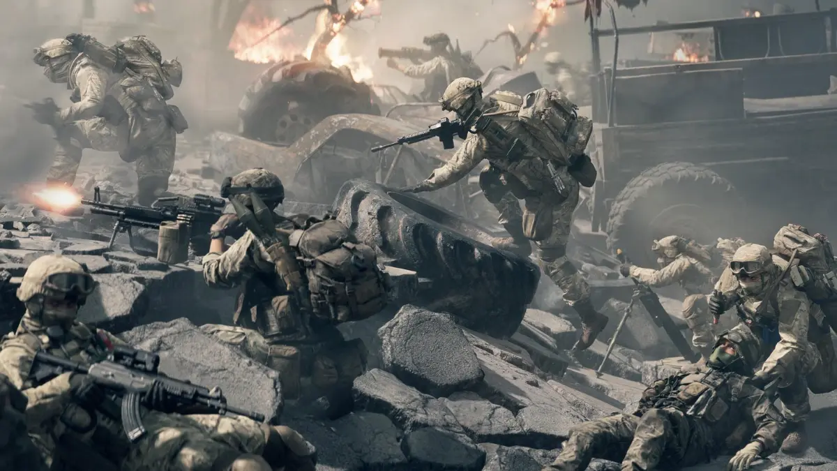 Soldiers in combat amidst battlefield chaos and debris.