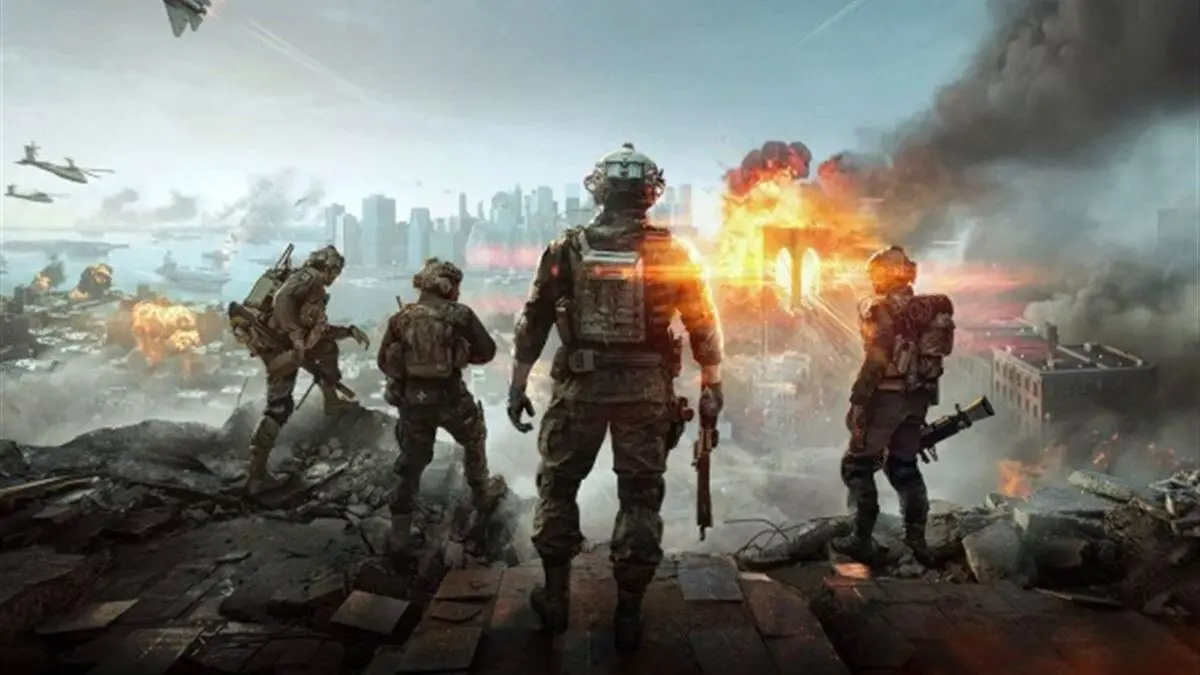 Soldiers overlooking battlefield with explosions in city