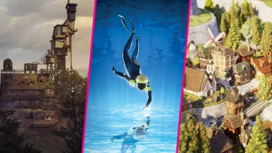 Three different artistic video game environments displayed side by side.