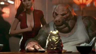 Pig humanoid and woman in futuristic bar scene