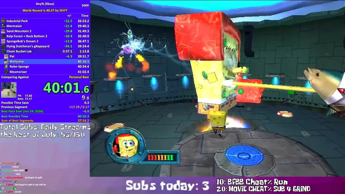 SpongeBob boss fight during speedrun gameplay stream