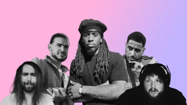 Group of five diverse men pose together.